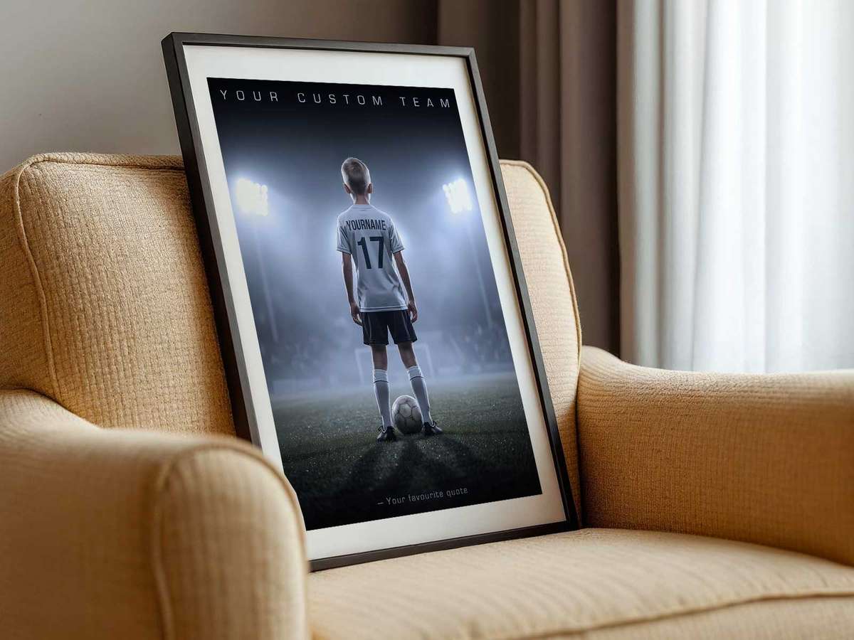 Soccer poster hung above a young player's bed showing how a keepsake poster fits into room decor