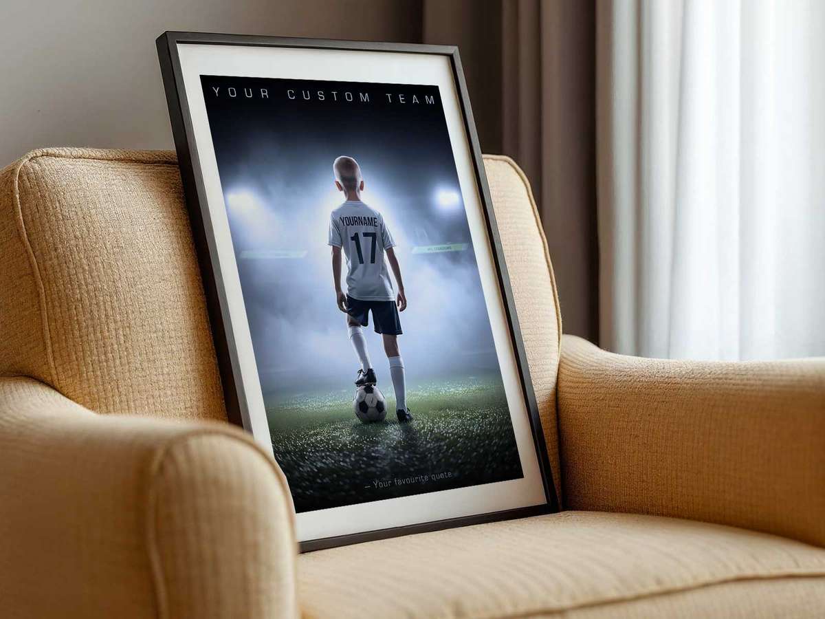 Framed Senior Night poster displayed on a mantel, showing archival matting and UV-protective glass to preserve photos and…