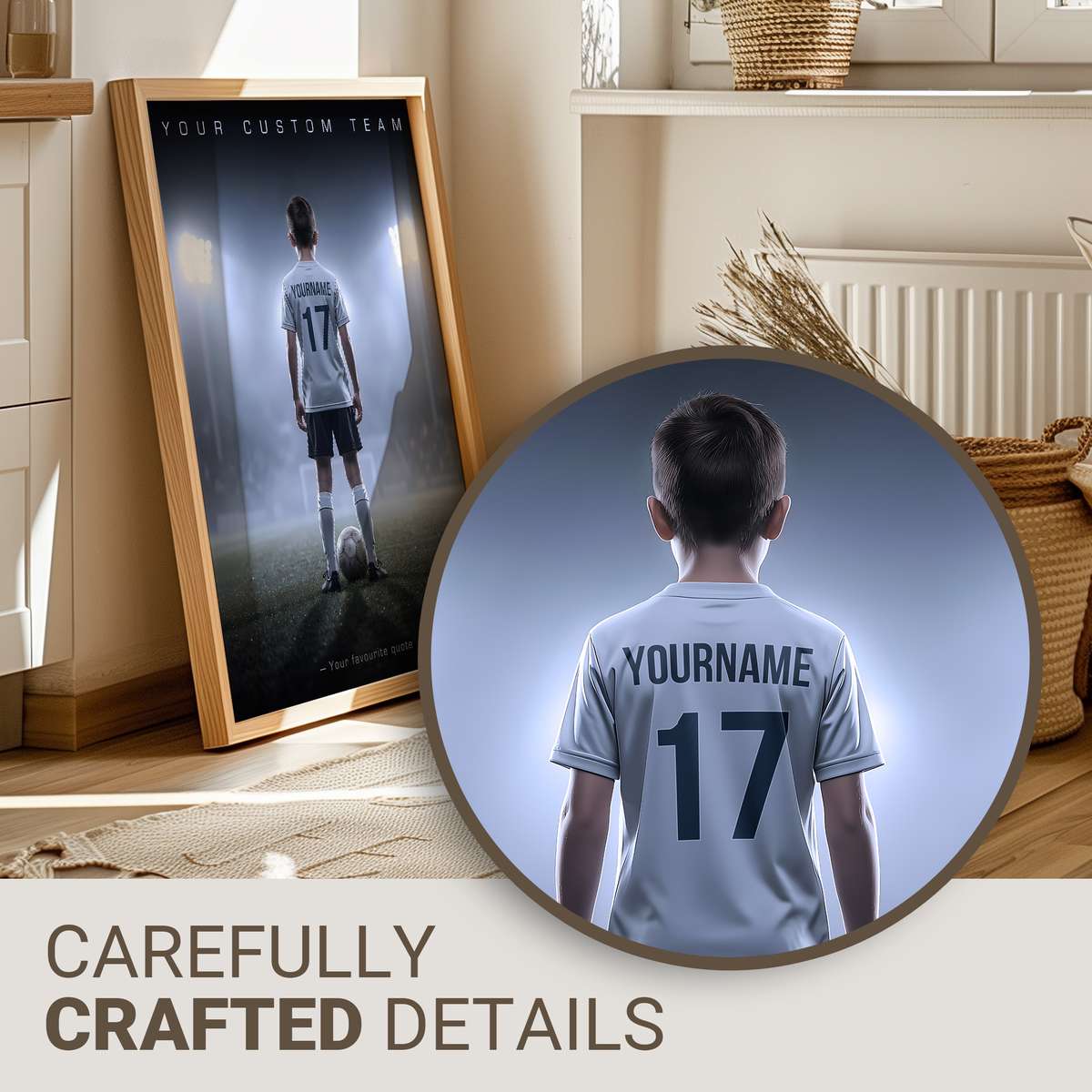 Couple hanging a framed custom soccer poster on a living room wall, smiling as they adjust the frame