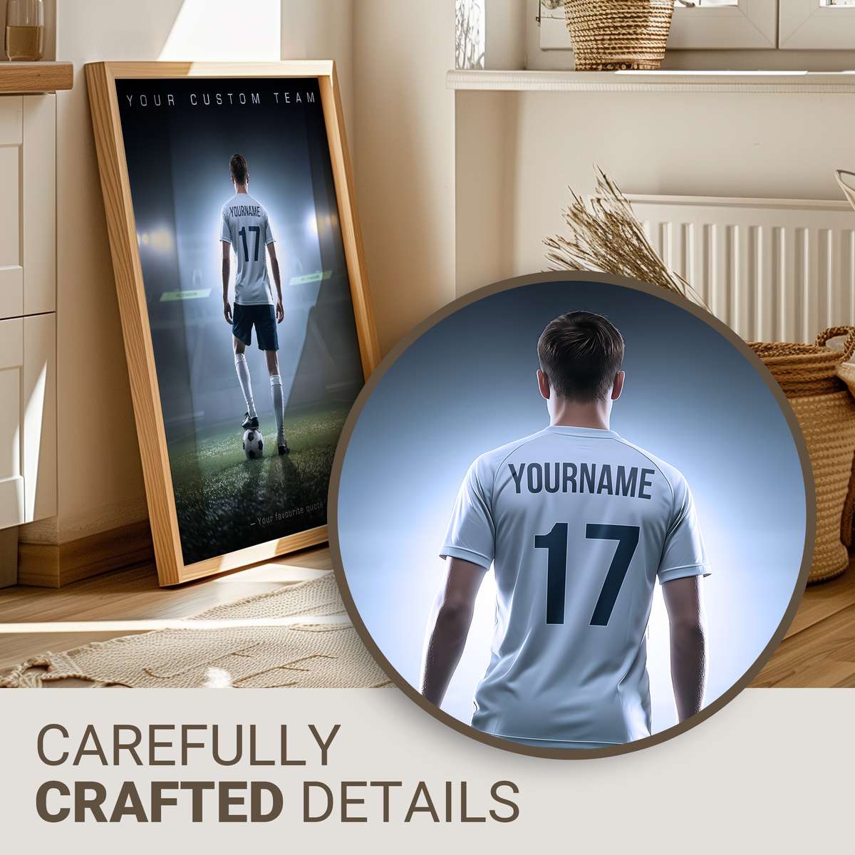 Framed motivational soccer poster on a bedroom wall showing a player silhouette, name, and key season moments