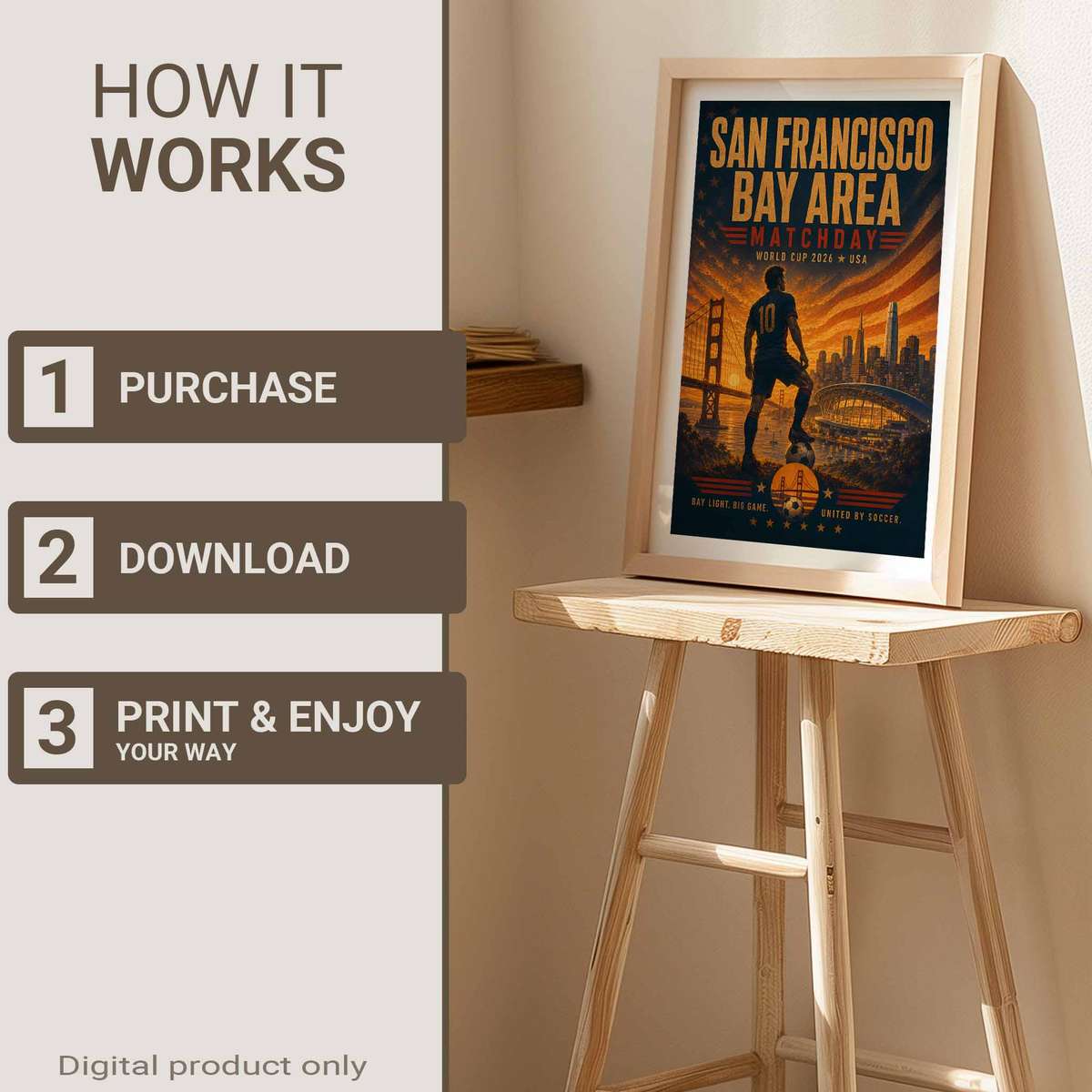 Poster showing San Francisco skyline at dusk with warm stadium floodlights casting a glow over the city