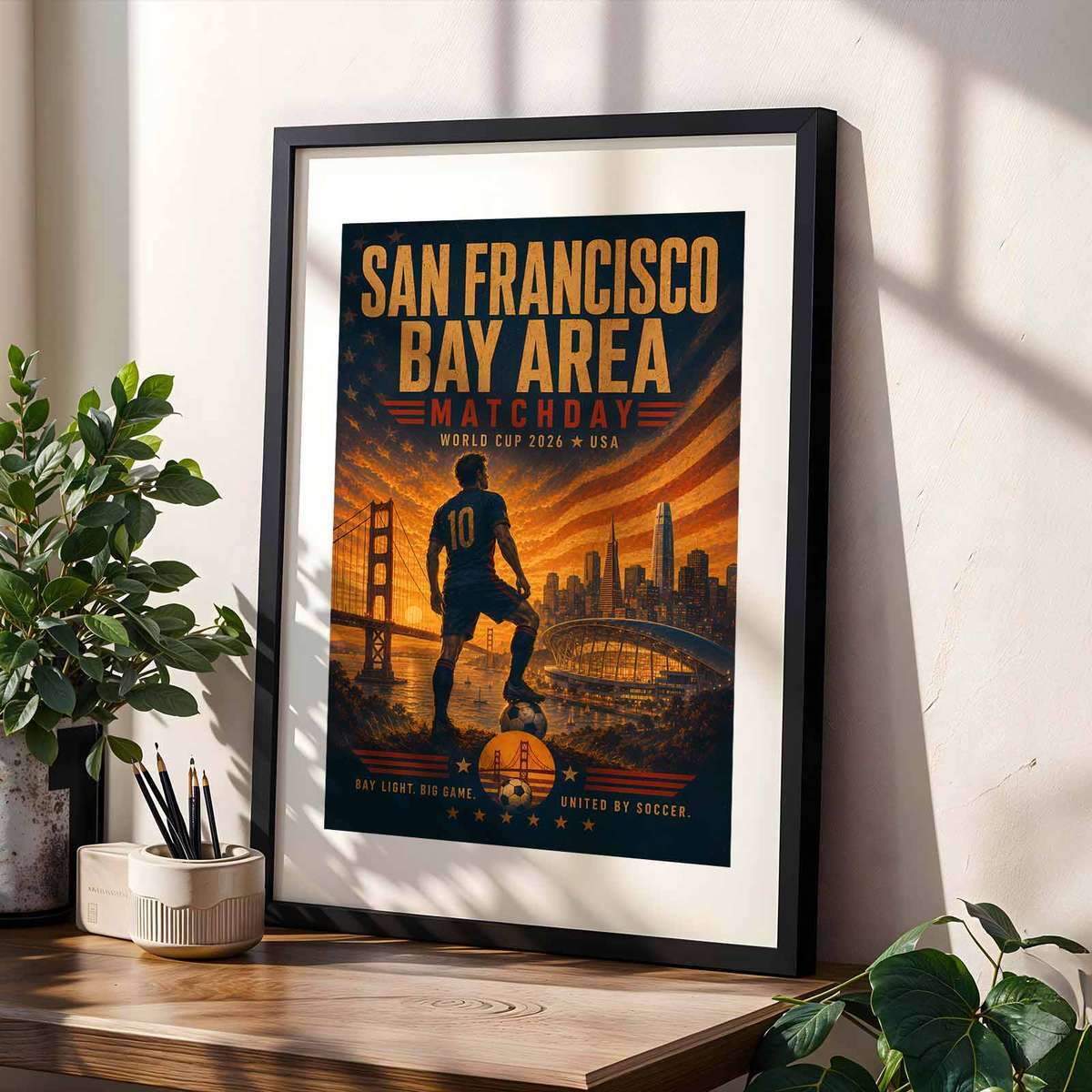 Poster showing San Francisco skyline at dusk with warm stadium floodlights casting a glow over the city
