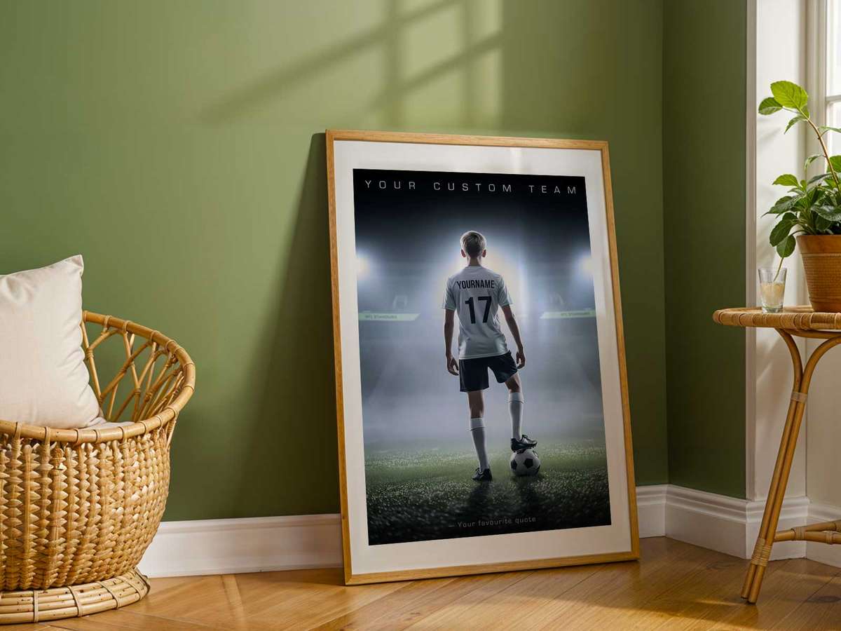 Collage poster of signed jerseys and tiny captions describing memorable games