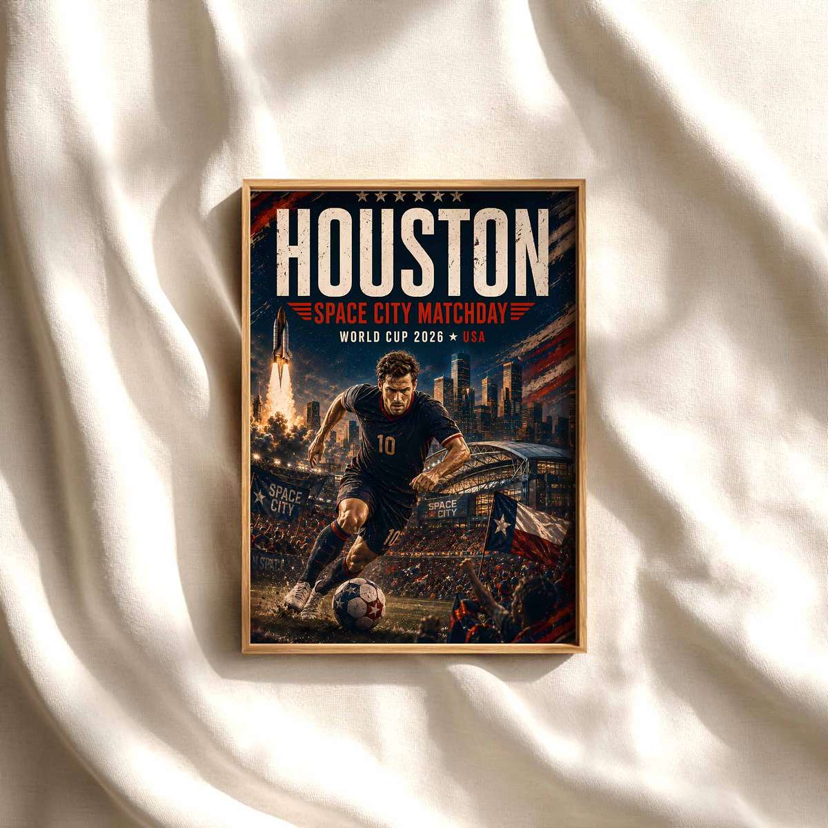 Houston Skyline Sunset Match Poster soccer poster shown as framed football wall decor