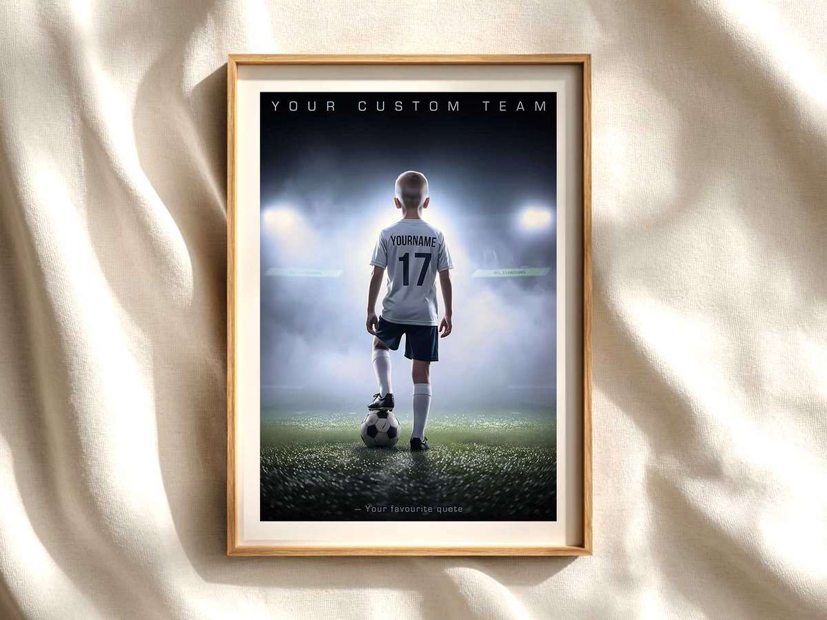 Personalized Jersey Keepsake for Soccer Players soccer poster shown as framed football wall decor