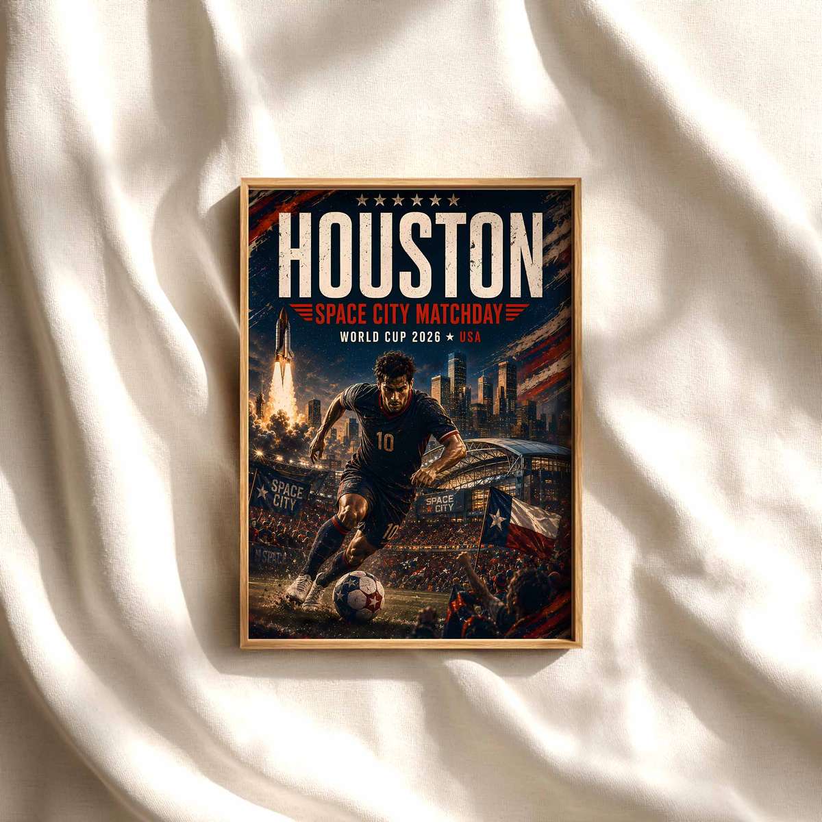 Houston Stadium and Skyline at Sunset soccer poster shown as framed football wall decor