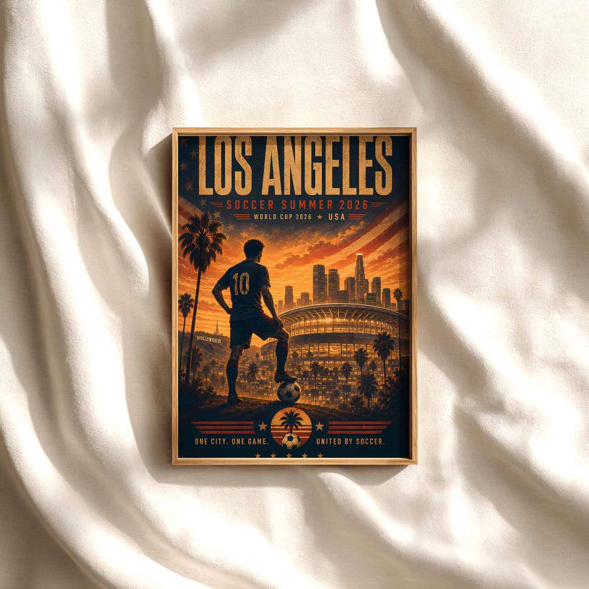 Los Angeles Skyline with Final Night Light soccer poster shown as framed football wall decor