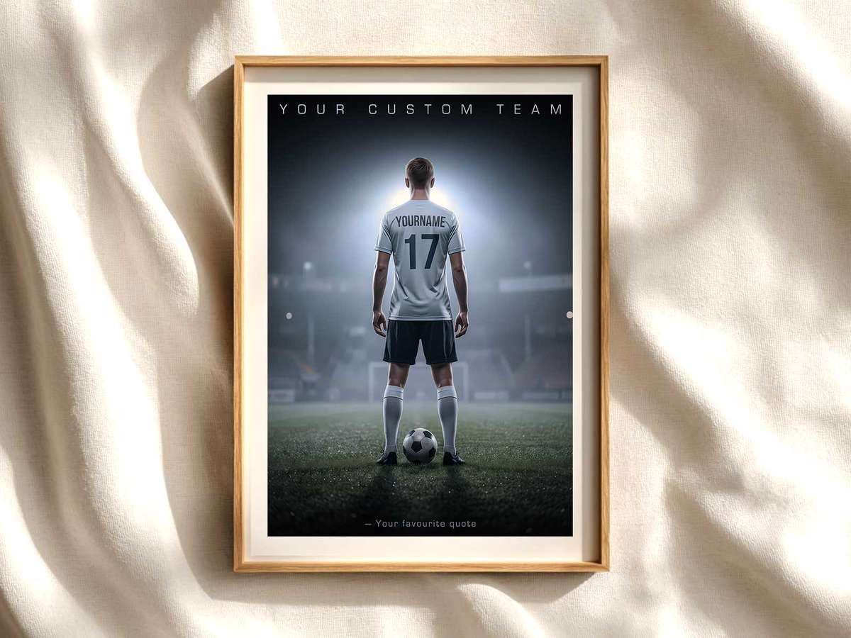 Engraved soccer ball trophy with team plaque soccer poster shown as framed football wall decor