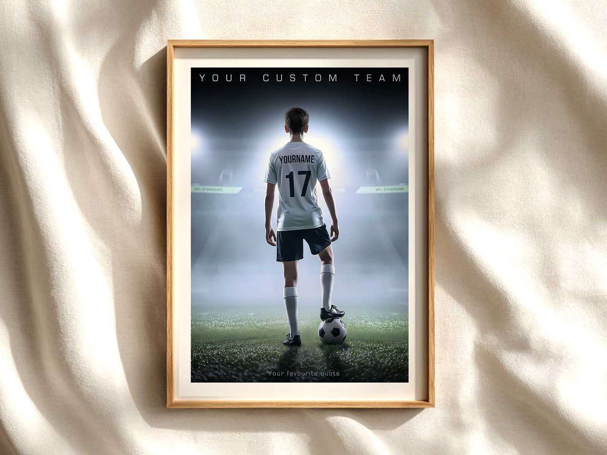 Senior Day Player Portrait soccer poster shown as framed football wall decor