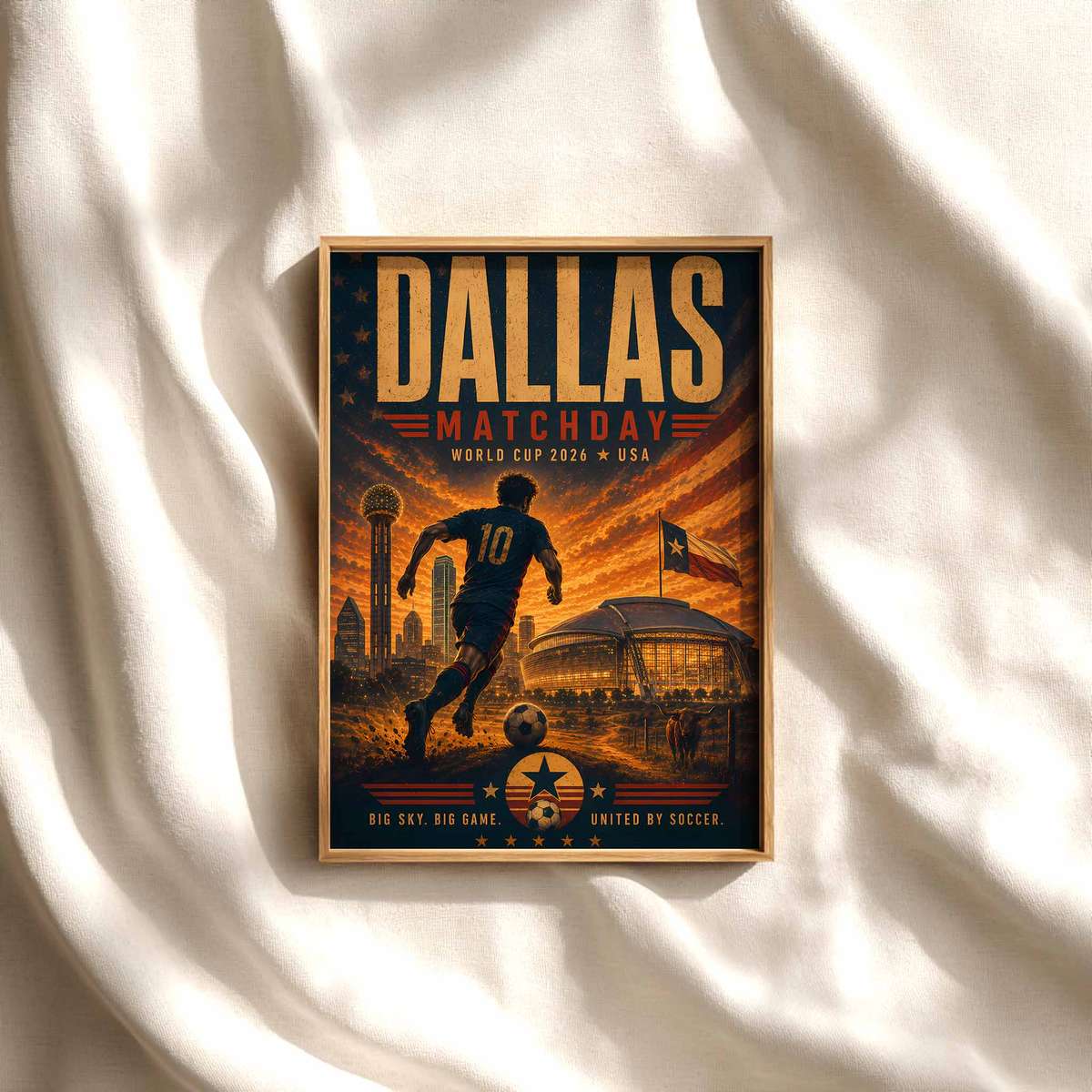 Dallas skyline and final-night light poster soccer poster shown as framed football wall decor