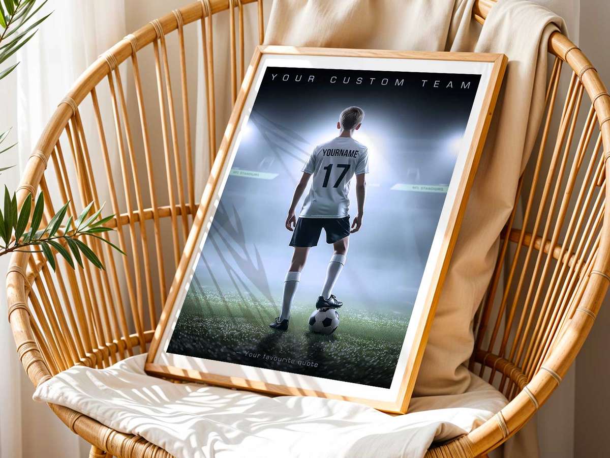 Artistic view of Soccer Players Gifts Ideas showing football movement and dramatic game detail for home office decor