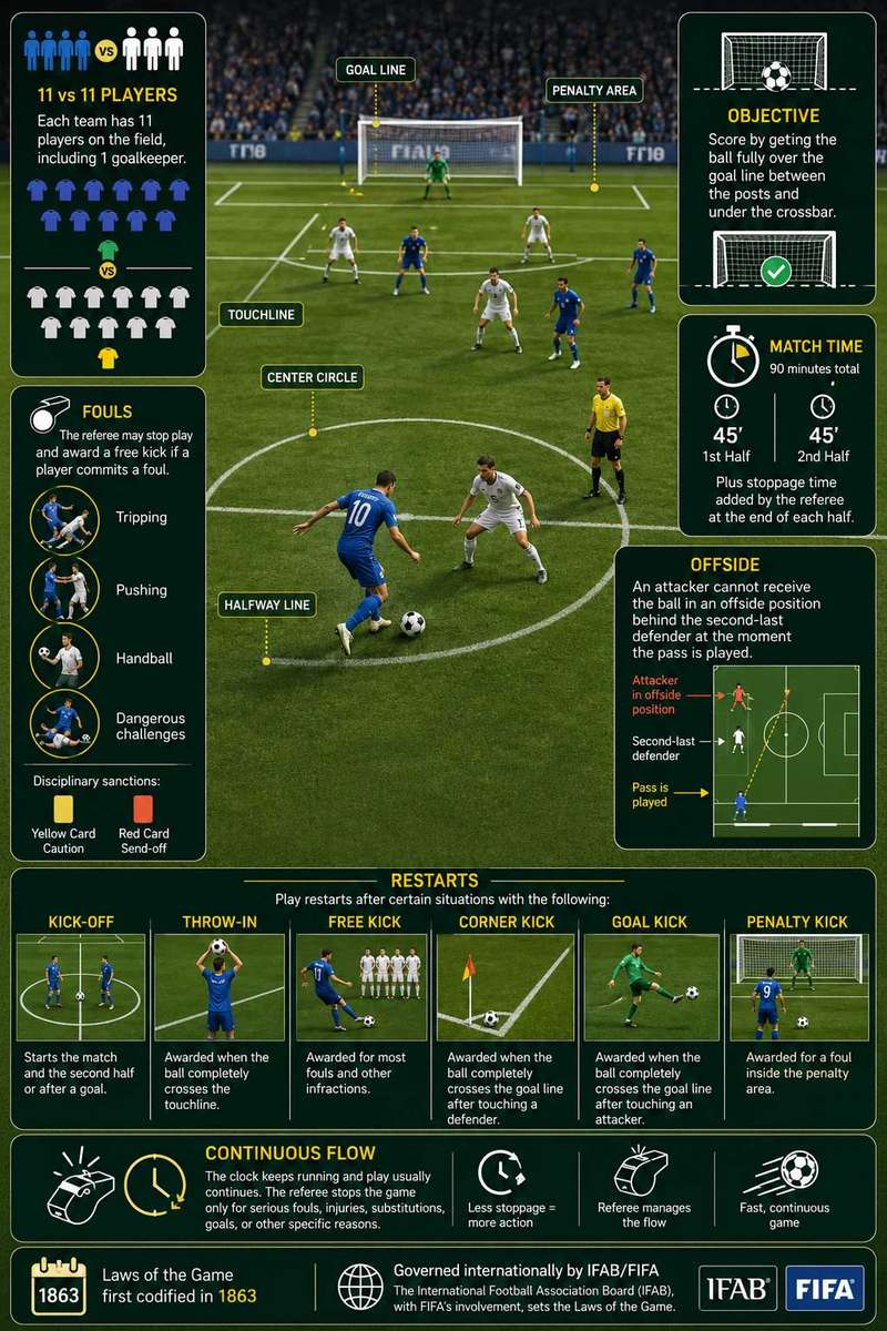 Illustration of players on a soccer field demonstrating common positions: goalkeeper, defenders, midfielders, and forwards