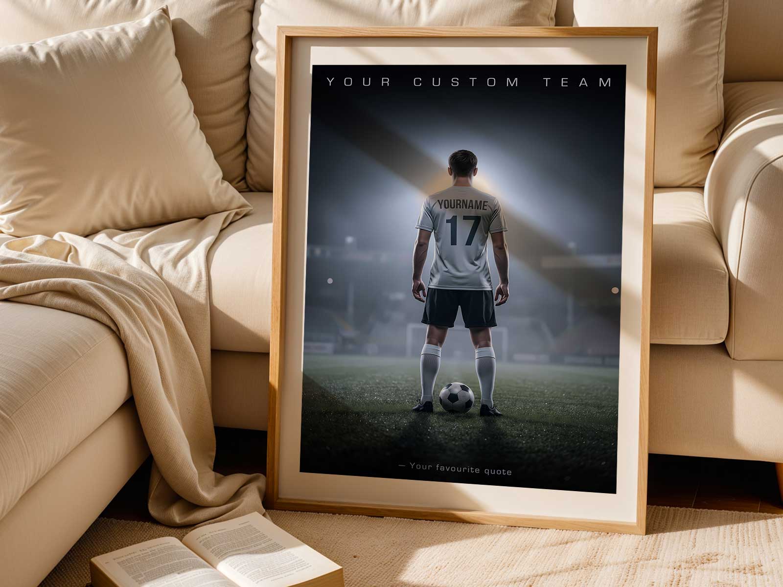Motivational soccer poster mounted in a training corner with visual progression steps and encouraging phrases