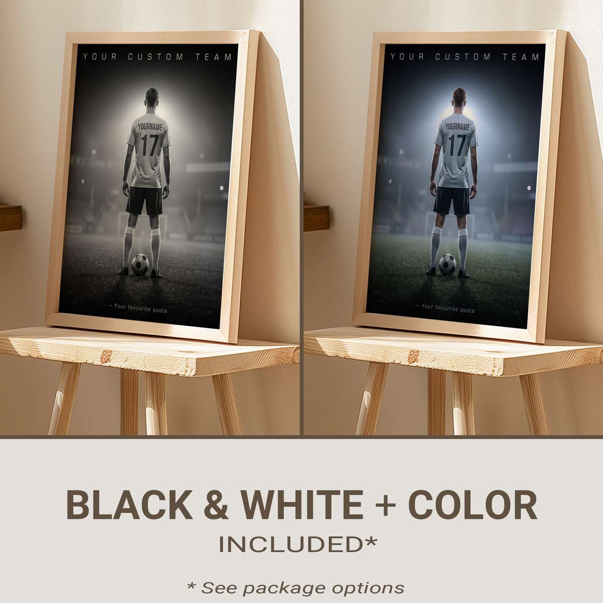Printed team photo poster with player names and season details pinned on a wall