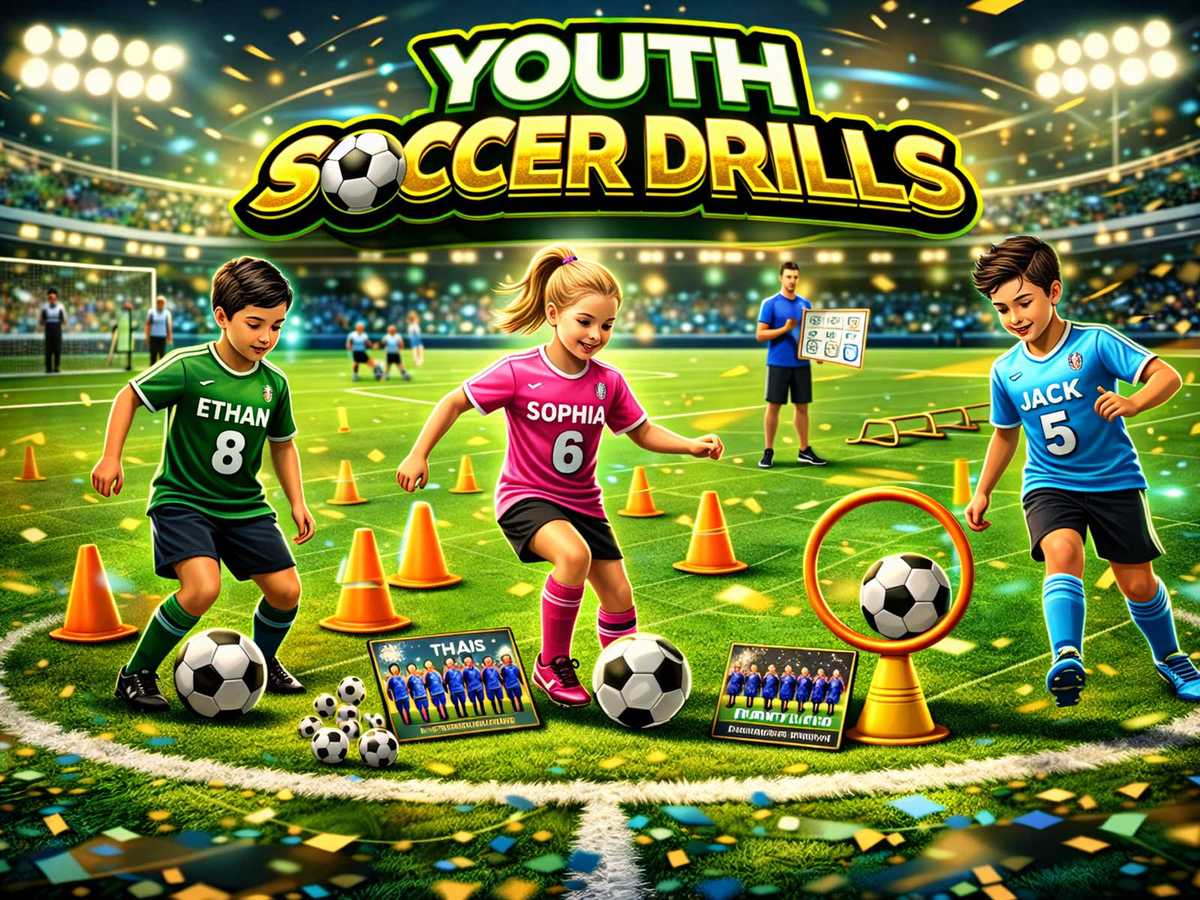 Three U10 players forming a triangle practicing short passing and movement off the ball on grass