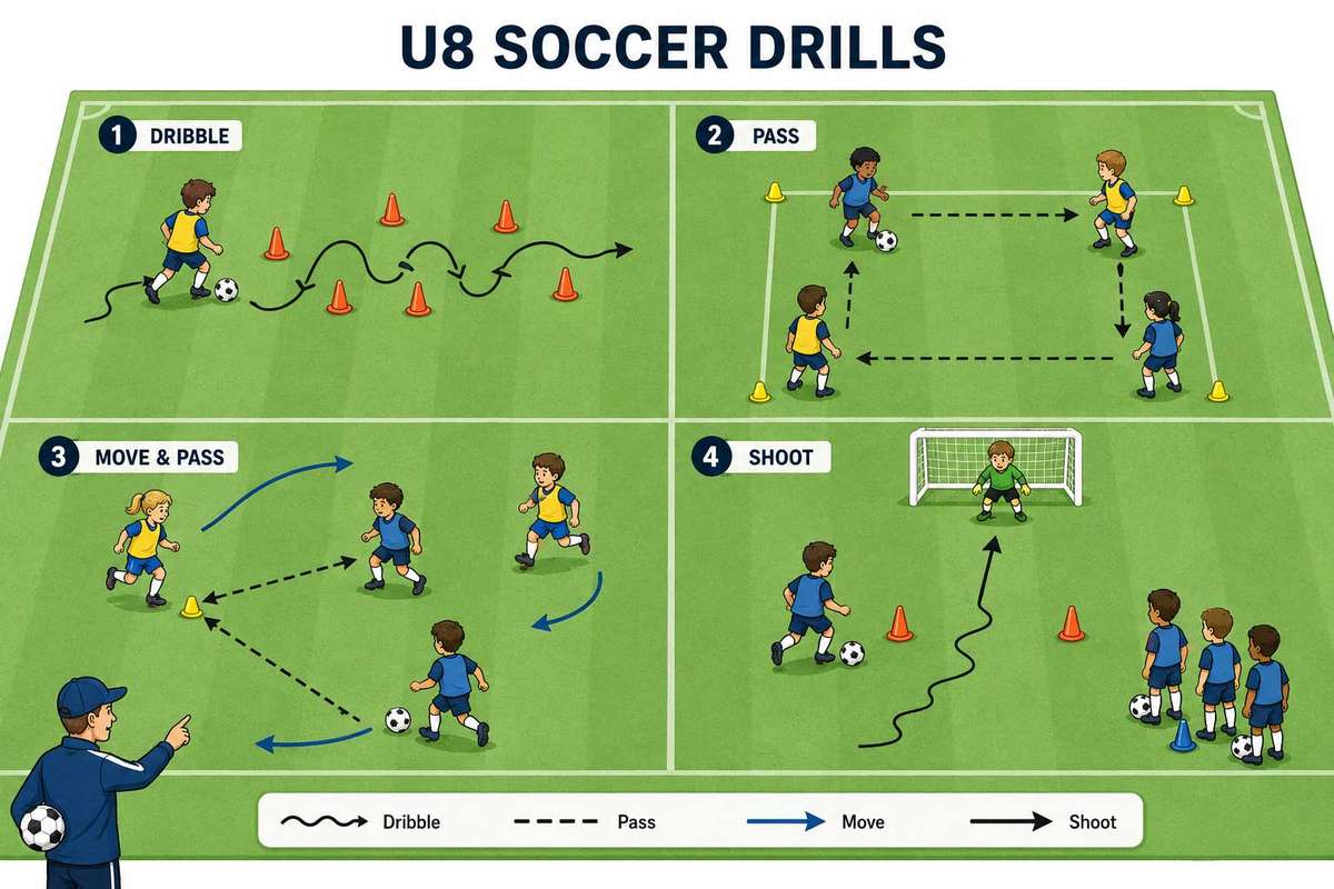 Coach directing a quick transition from cone drills into a 3v3 small-sided game on a mini-pitch