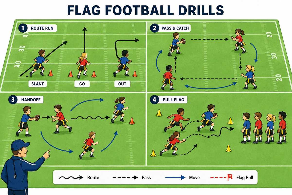 Coach demonstrating a Y-pass combination with four young players moving into space