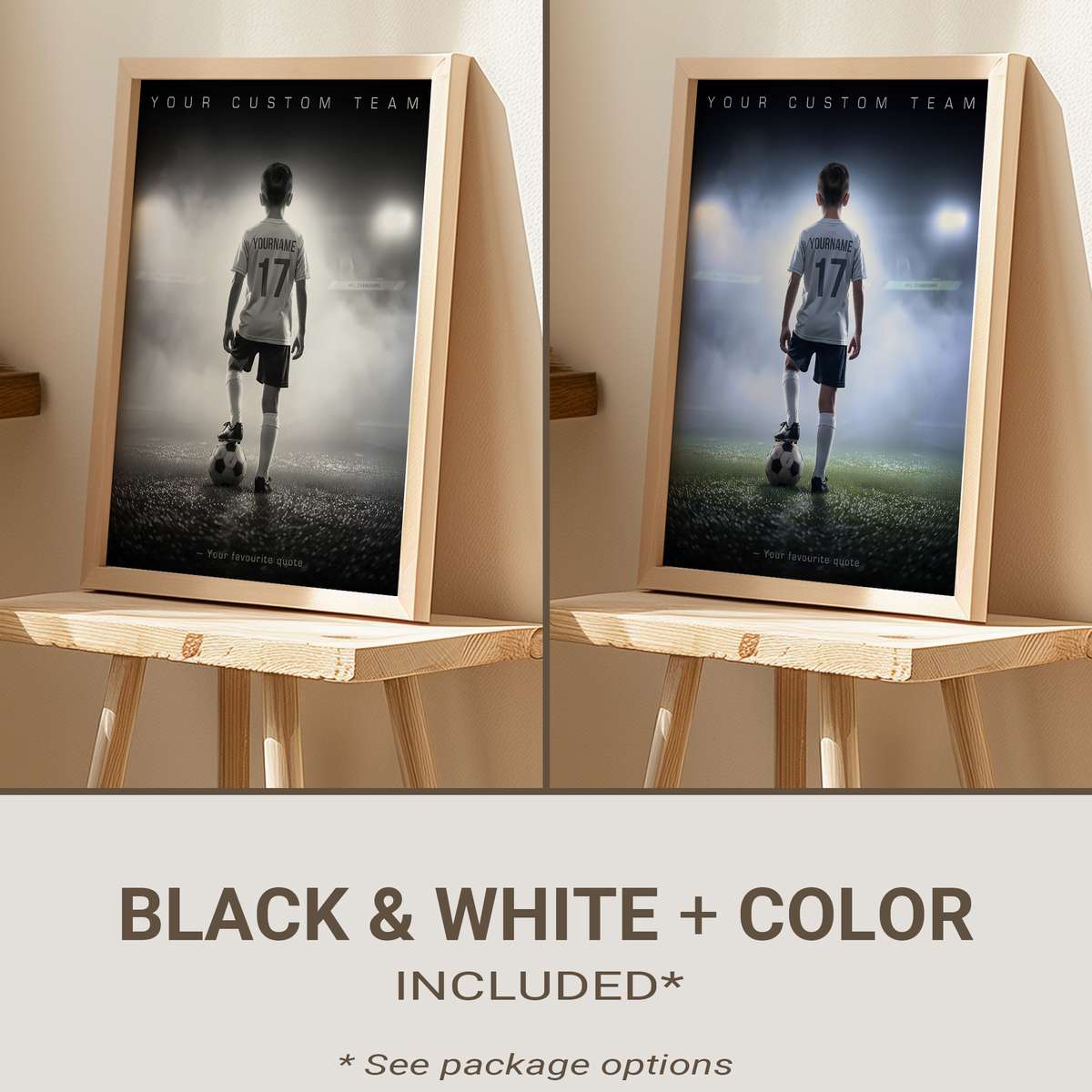 Poster showing a youth soccer player with custom name, birth year, and a motivational line celebrating progress