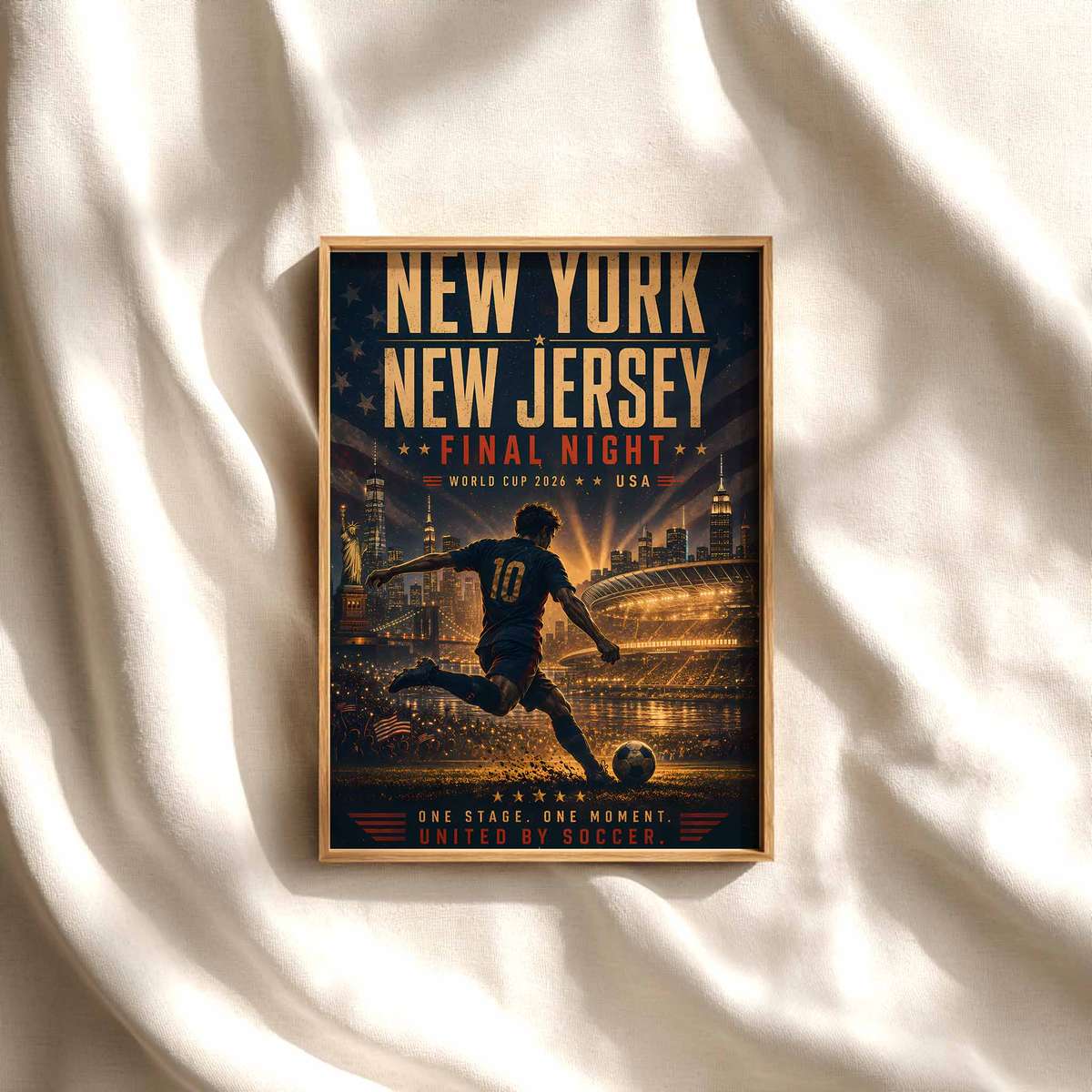 New York Skyline Sunset World Cup 2026 Poster soccer poster shown as framed football wall decor