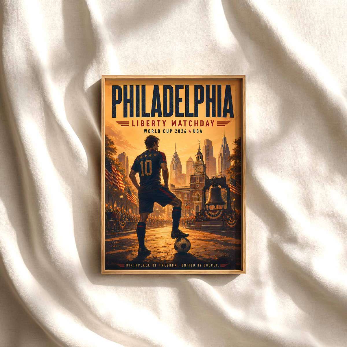 Philadelphia skyline sunset World Cup poster soccer poster shown as framed football wall decor