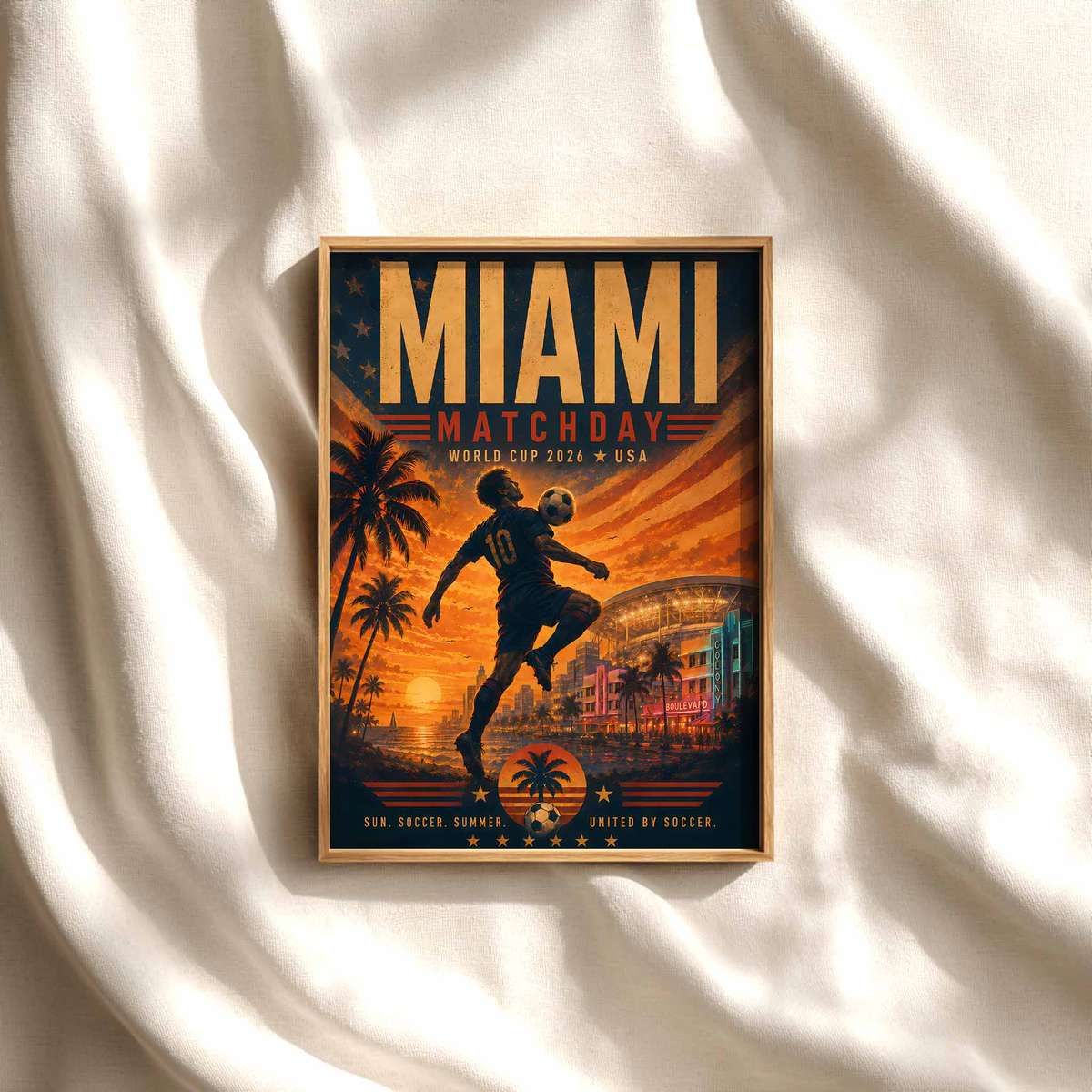 Miami skyline at sunset for World Cup 2026 poster soccer poster shown as framed football wall decor