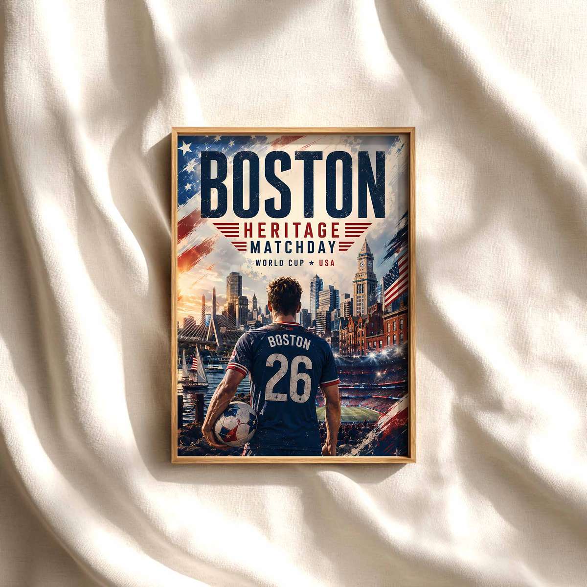 Boston skyline at final-night light soccer poster shown as framed football wall decor