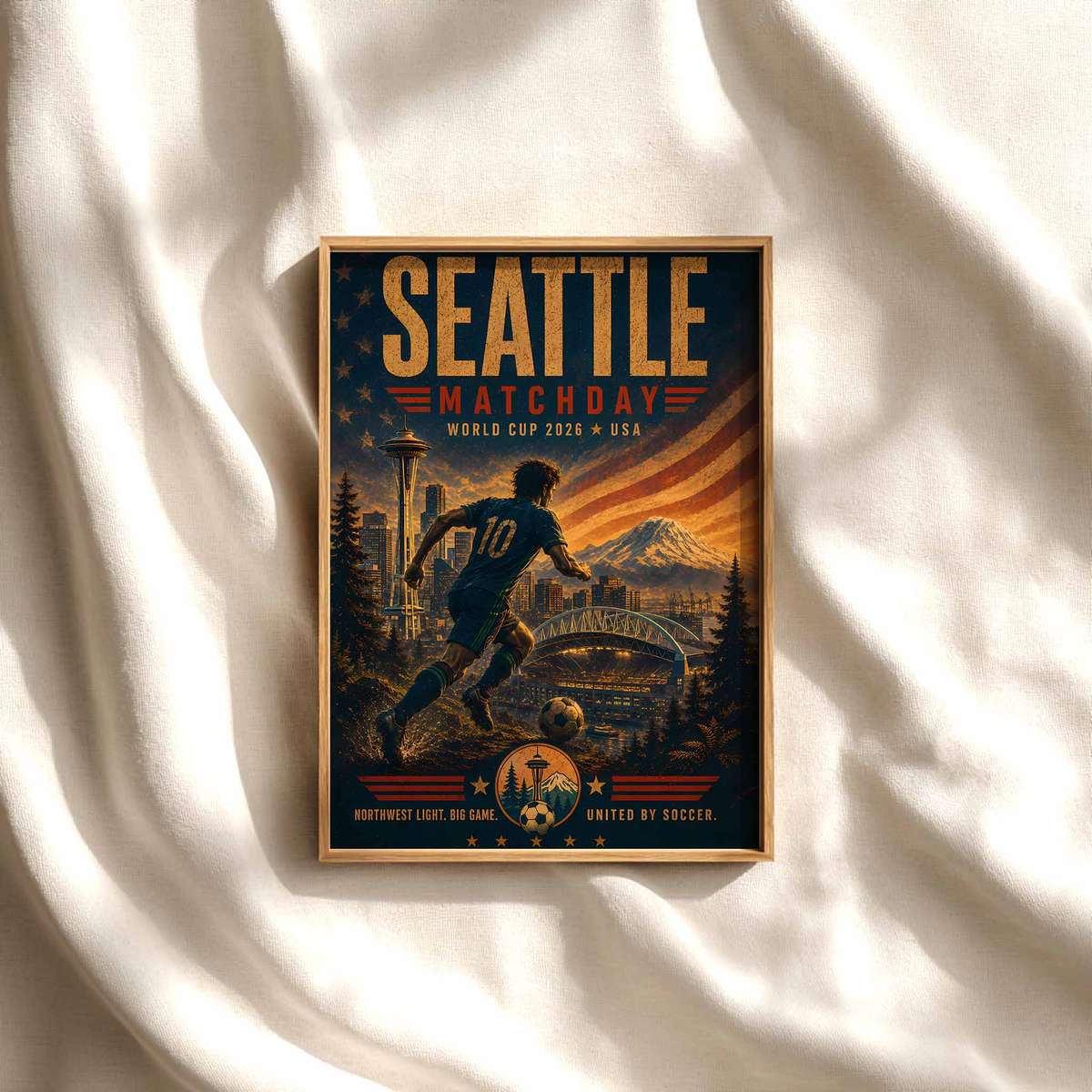 Seattle skyline sunset World Cup poster soccer poster shown as framed football wall decor