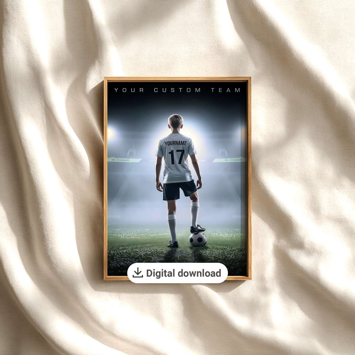 Team moment on Senior Night soccer poster shown as framed football wall decor