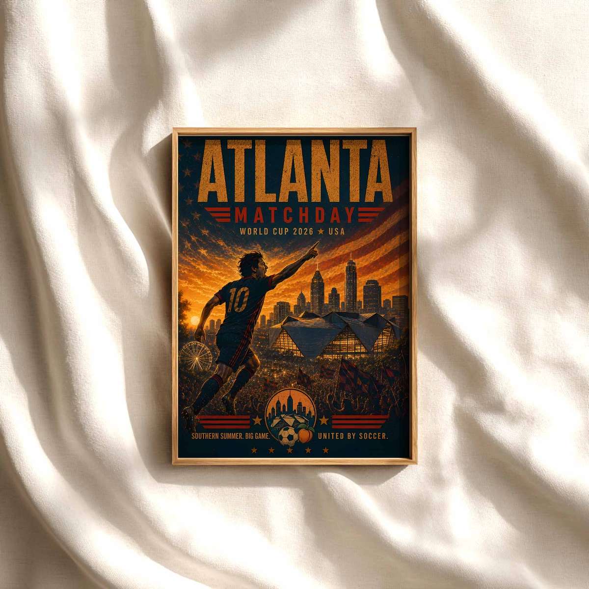 Atlanta skyline and final-night light poster soccer poster shown as framed football wall decor
